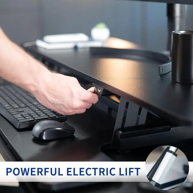 Alt view image 5 of 7 - Black 47 inch Electric Desk Converter, DESK-VE48B | Height Adjustable, Stand Up Desk Riser, Wide Keyboard Tray, Dual Monitor and Laptop Workstation