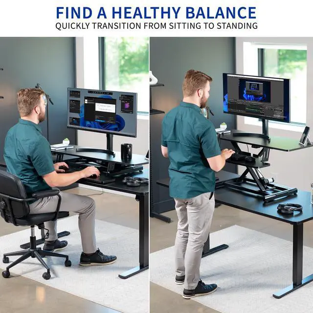 Alt view image 6 of 7 - Black 47 inch Electric Desk Converter, DESK-VE48B | Height Adjustable, Stand Up Desk Riser, Wide Keyboard Tray, Dual Monitor and Laptop Workstation