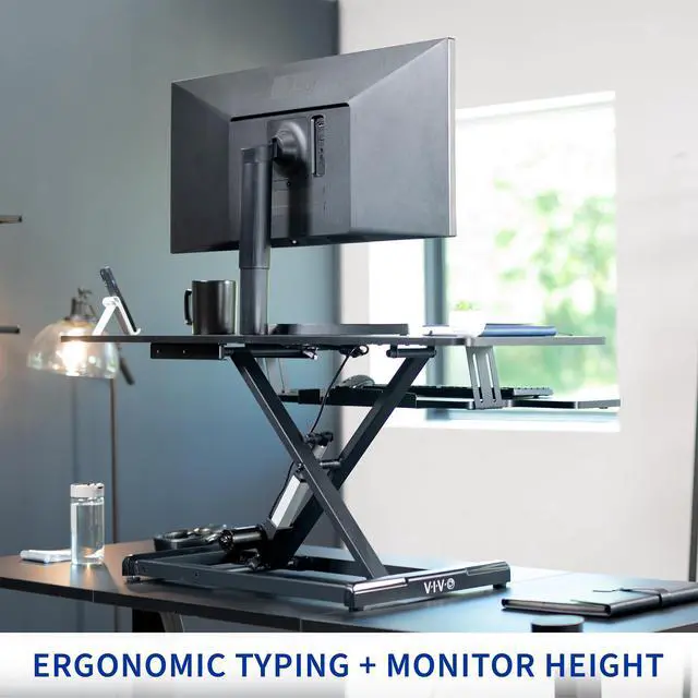 Alt view image 7 of 7 - Black 47 inch Electric Desk Converter, DESK-VE48B | Height Adjustable, Stand Up Desk Riser, Wide Keyboard Tray, Dual Monitor and Laptop Workstation