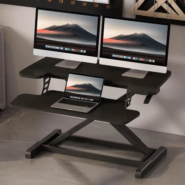 Alt view image 2 of 7 - 32" Standing Desk Converter, Space-Saving Desktop Riser for Home Office, Sit Stand Computer Workstation for Laptop & Dual Monitor Setup, Black