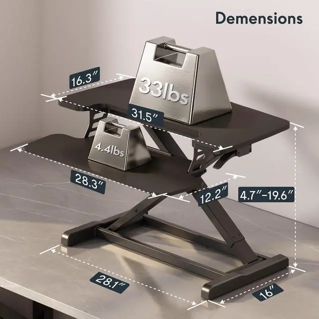 Alt view image 3 of 7 - 32" Standing Desk Converter, Space-Saving Desktop Riser for Home Office, Sit Stand Computer Workstation for Laptop & Dual Monitor Setup, Black