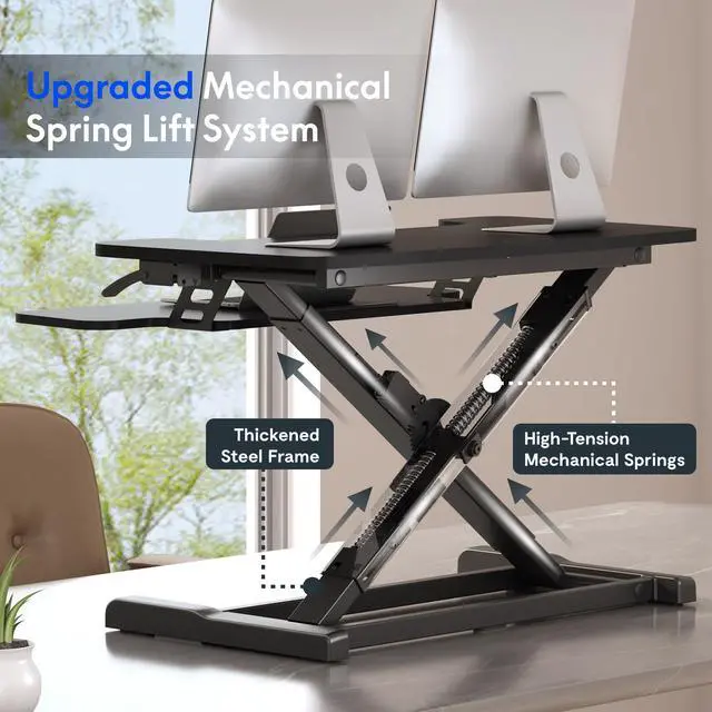 Alt view image 4 of 7 - 32" Standing Desk Converter, Space-Saving Desktop Riser for Home Office, Sit Stand Computer Workstation for Laptop & Dual Monitor Setup, Black