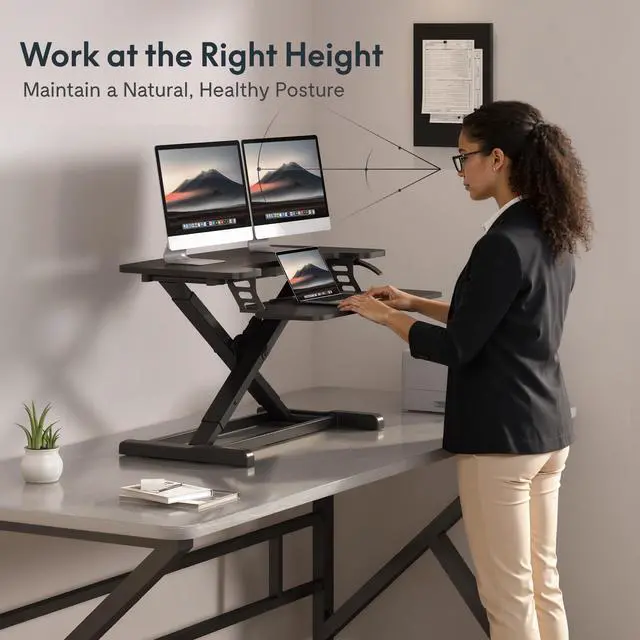 Alt view image 5 of 7 - 32" Standing Desk Converter, Space-Saving Desktop Riser for Home Office, Sit Stand Computer Workstation for Laptop & Dual Monitor Setup, Black