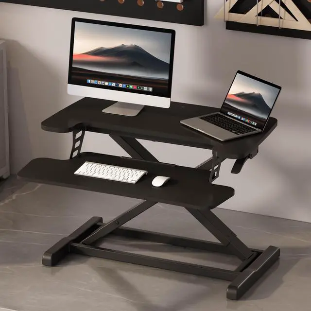 Alt view image 2 of 7 - Standing Desk Converter 28" Desk Riser for Small Spaces, Compact Desktop Riser Sit Stand Computer Workstation, Stand Up Desk Converter for Laptop & Single Monitor, Black