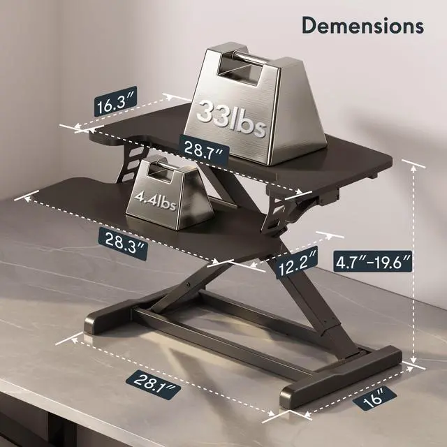 Alt view image 3 of 7 - Standing Desk Converter 28" Desk Riser for Small Spaces, Compact Desktop Riser Sit Stand Computer Workstation, Stand Up Desk Converter for Laptop & Single Monitor, Black
