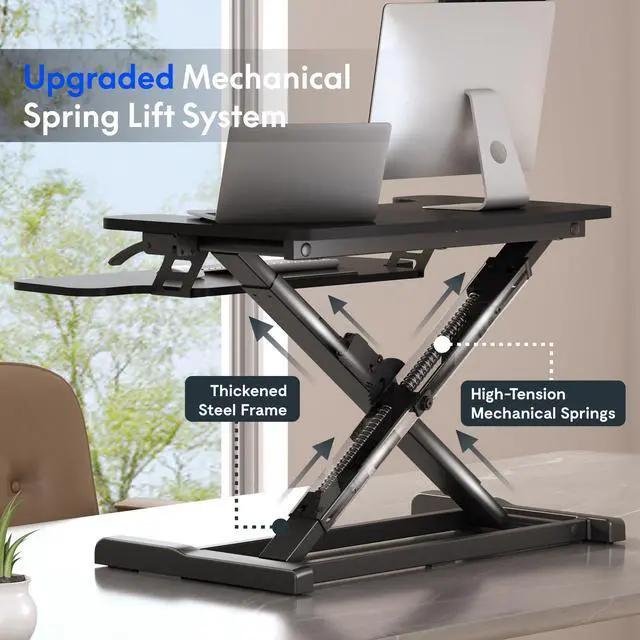Alt view image 5 of 7 - Standing Desk Converter 28" Desk Riser for Small Spaces, Compact Desktop Riser Sit Stand Computer Workstation, Stand Up Desk Converter for Laptop & Single Monitor, Black