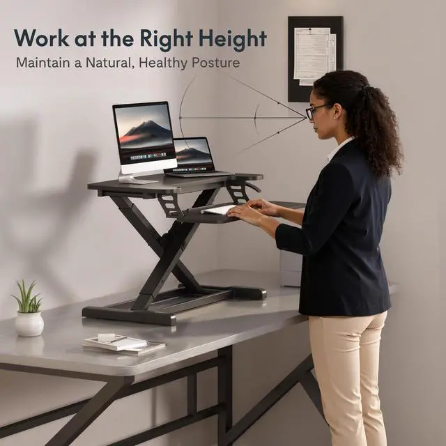 Alt view image 6 of 7 - Standing Desk Converter 28" Desk Riser for Small Spaces, Compact Desktop Riser Sit Stand Computer Workstation, Stand Up Desk Converter for Laptop & Single Monitor, Black