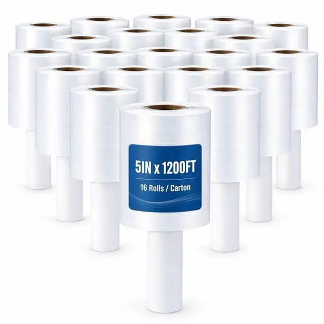Main image of 16 Rolls 5" x 1200ft MIni Roll Stretch Film with Handle, 80 Gauge Clear Moving & Packing Plastic Wrap for Boxes, Luggage, Bundling & Storage