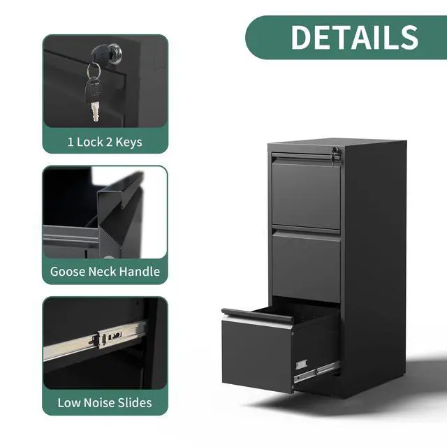 Alt view image 5 of 6 - 3 Drawer File Cabinet with Lock,Metal File Cabinet for Home Office | Black Vertical Filing Cabinets Heavy Duty Office Storage Cabinets for Letter/Legal/A4/F4 Size File, Assembly Required