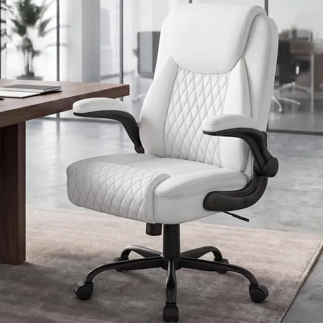 Alt view image 2 of 7 - Executive Office Chair with Comfortable Lumbar Support, Ergonomic Gaming Chair with Flip-up Armrests & Zoned Pressure-Relief Cushion, Comfy PU Leather Desk Chair, White