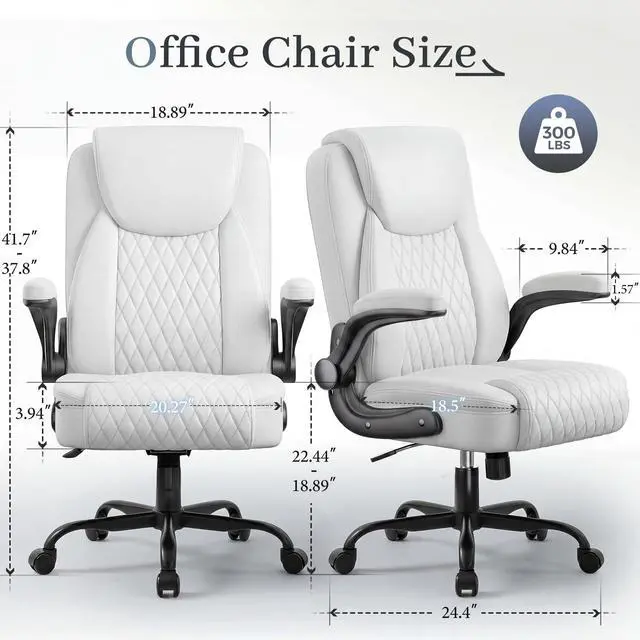 Alt view image 3 of 7 - Executive Office Chair with Comfortable Lumbar Support, Ergonomic Gaming Chair with Flip-up Armrests & Zoned Pressure-Relief Cushion, Comfy PU Leather Desk Chair, White