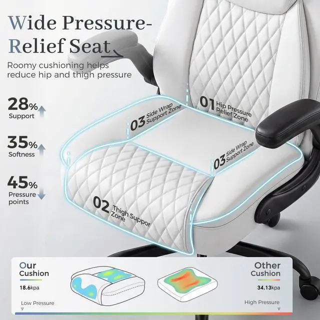 Alt view image 4 of 7 - Executive Office Chair with Comfortable Lumbar Support, Ergonomic Gaming Chair with Flip-up Armrests & Zoned Pressure-Relief Cushion, Comfy PU Leather Desk Chair, White