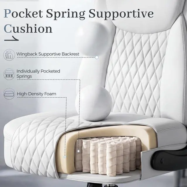 Alt view image 5 of 7 - Executive Office Chair with Comfortable Lumbar Support, Ergonomic Gaming Chair with Flip-up Armrests & Zoned Pressure-Relief Cushion, Comfy PU Leather Desk Chair, White