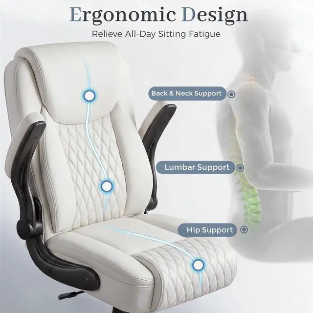 Alt view image 6 of 7 - Executive Office Chair with Comfortable Lumbar Support, Ergonomic Gaming Chair with Flip-up Armrests & Zoned Pressure-Relief Cushion, Comfy PU Leather Desk Chair, White