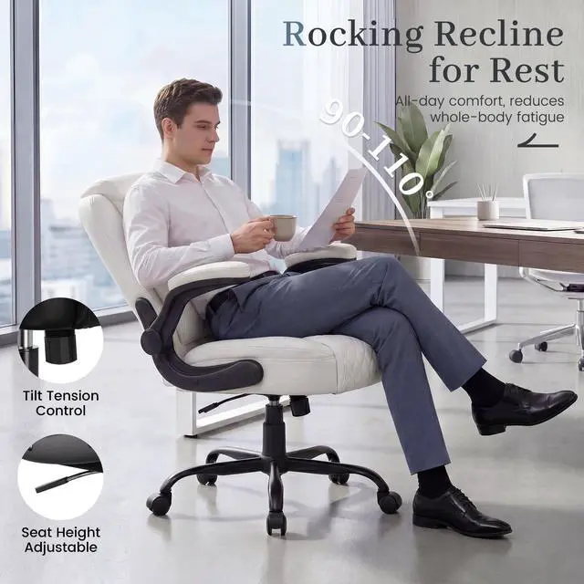 Alt view image 7 of 7 - Executive Office Chair with Comfortable Lumbar Support, Ergonomic Gaming Chair with Flip-up Armrests & Zoned Pressure-Relief Cushion, Comfy PU Leather Desk Chair, White