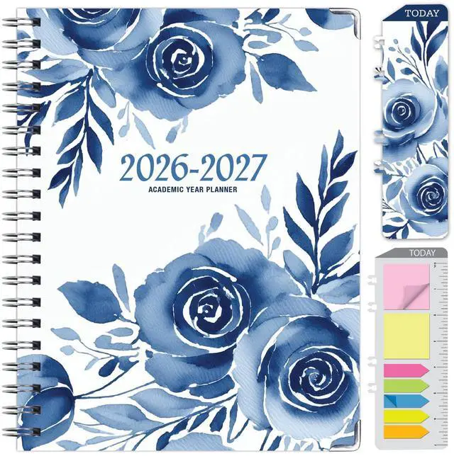 Main image of HARDCOVER Academic Year 2026-2027 Planner: 14 Months (May 2026 Through June 2027) 8.5"x 11" Daily Weekly Monthly Planner Yearly Agenda. Bookmark, Pocket Folder and Sticky Note Set (Blue Bloom)