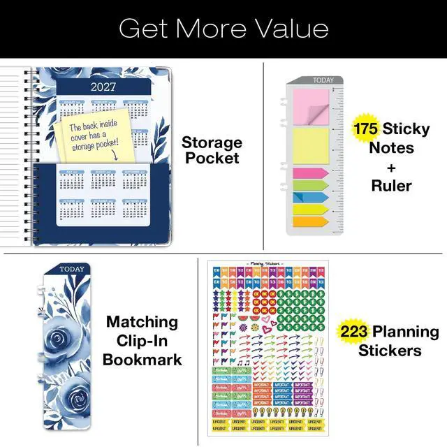 Alt view image 4 of 7 - HARDCOVER Academic Year 2026-2027 Planner: 14 Months (May 2026 Through June 2027) 8.5"x 11" Daily Weekly Monthly Planner Yearly Agenda. Bookmark, Pocket Folder and Sticky Note Set (Blue Bloom)
