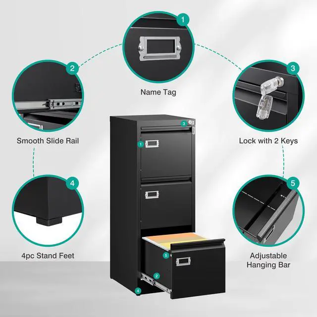 Alt view image 6 of 7 - 3 Drawer File Cabinet with Lock and Tag,Narrow Three Drawer Filing Cabinet,Vertical Metal File Cabinets,Small Black Filing Cabinets for Home Office Fit Letter/A4/Legal Size File,Easy Assembly