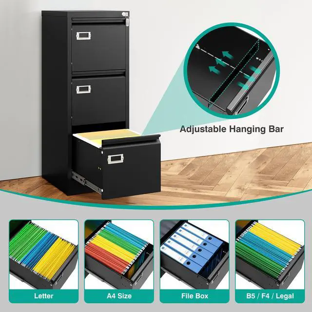 Alt view image 5 of 7 - 3 Drawer File Cabinet with Lock and Tag,Narrow Three Drawer Filing Cabinet,Vertical Metal File Cabinets,Small Black Filing Cabinets for Home Office Fit Letter/A4/Legal Size File,Easy Assembly
