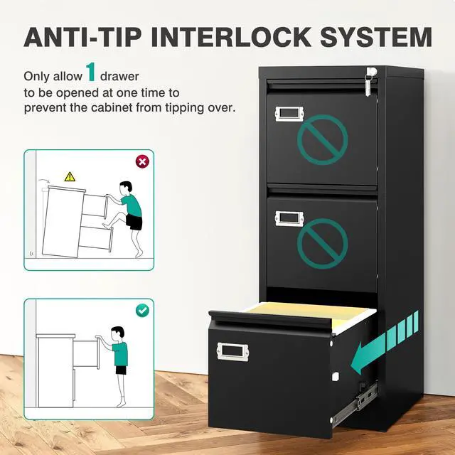 Alt view image 7 of 7 - 3 Drawer File Cabinet with Lock and Tag,Narrow Three Drawer Filing Cabinet,Vertical Metal File Cabinets,Small Black Filing Cabinets for Home Office Fit Letter/A4/Legal Size File,Easy Assembly