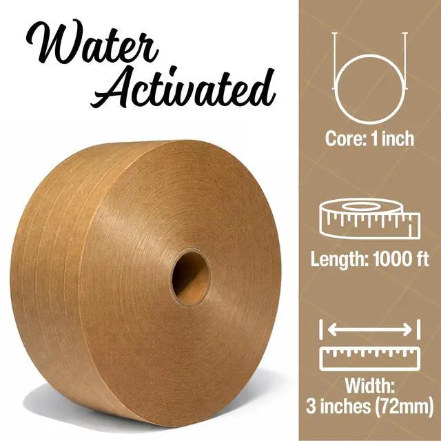 Alt view image 3 of 7 - 3'' x 1000 Feet Reinforced Water Activated Gummed Kraft Paper Tape, for Standard-Duty 30 lbs Break Strength, Secure Packing Shipping, Tamper Evident Gummed Tape, Brown - 3 Rolls
