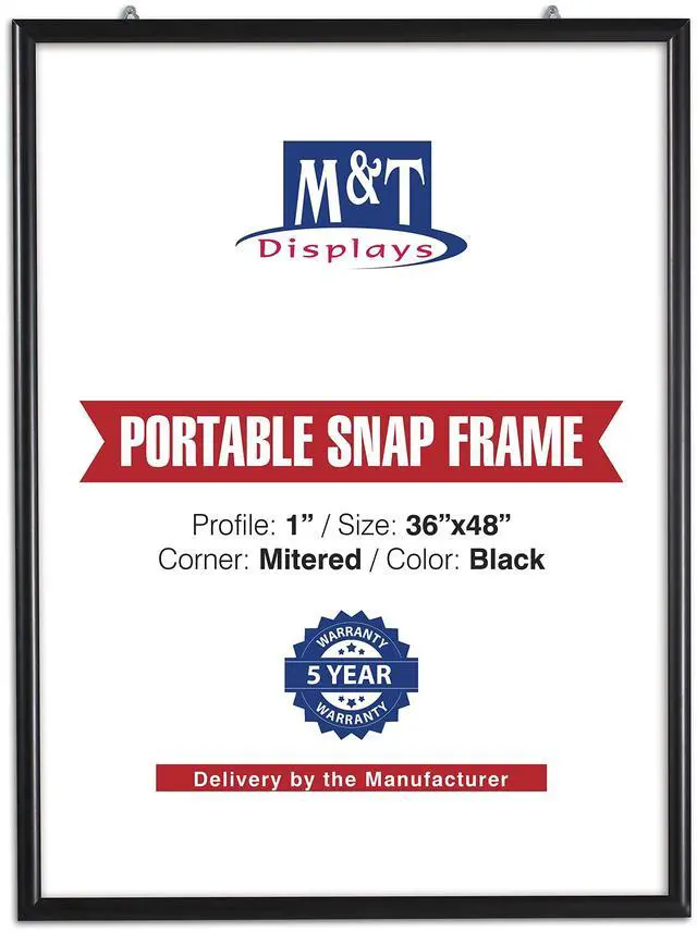 Main image of Portable Snap Poster Frame 36x48 Inch Black 1" Aluminum Profile Front Loading Wall Mounting Photo Picture Document Certificate Sign Holder Mitered Corner Anti Glare Cover