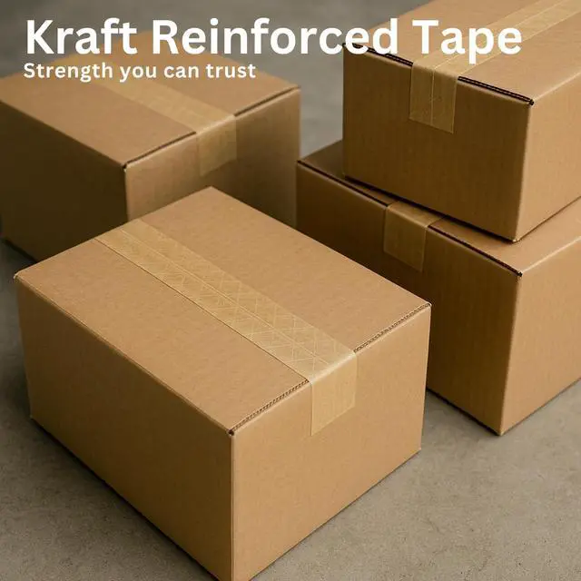 Alt view image 2 of 7 - 3'' x 650 Feet Reinforced Water Activated Gummed Kraft Paper Tape, for Standard-Duty 30 lbs Break Strength, Secure Packing Shipping, Tamper Evident Gummed Tape, Brown - 2 Rolls