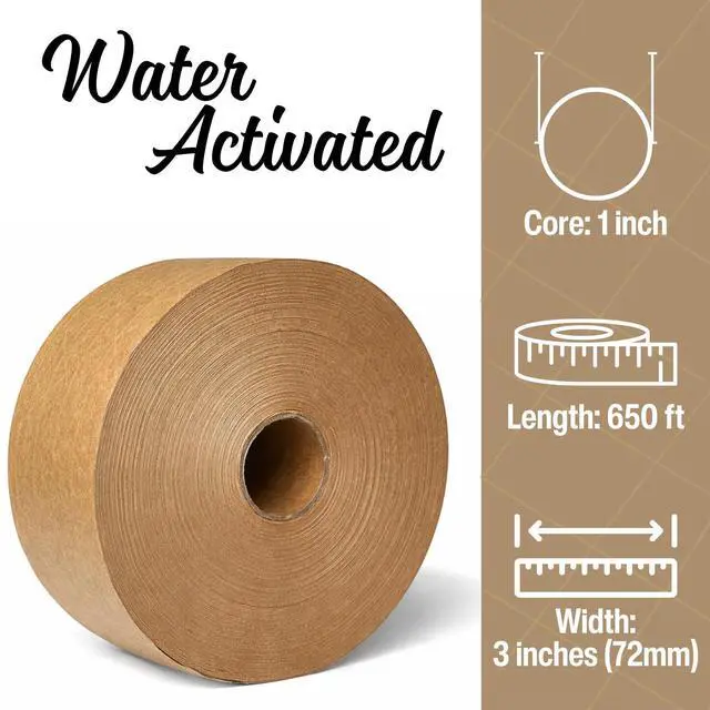 Alt view image 3 of 7 - 3'' x 650 Feet Reinforced Water Activated Gummed Kraft Paper Tape, for Standard-Duty 30 lbs Break Strength, Secure Packing Shipping, Tamper Evident Gummed Tape, Brown - 2 Rolls