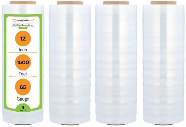 Main image of PSBM Cast Hand Stretch Wrap Plastic Shrink Film 12" x 1500' 65 GA 4 Rolls | Heavy Duty Clear Plastic Wrap Industrial Strength Shrink Film for Moving, Packing & Shipping