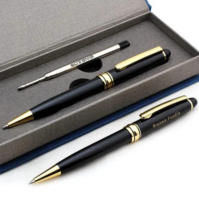 Main image of Free Engraving Personalized Roller Ballpoint Pen, Refillable Black Ballpoint Pen with Gold Trim, Single-Color Design, Retractable Medium Refill, Classy Gift Box