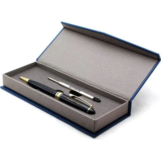 Alt view image 5 of 7 - Free Engraving Personalized Roller Ballpoint Pen, Refillable Black Ballpoint Pen with Gold Trim, Single-Color Design, Retractable Medium Refill, Classy Gift Box
