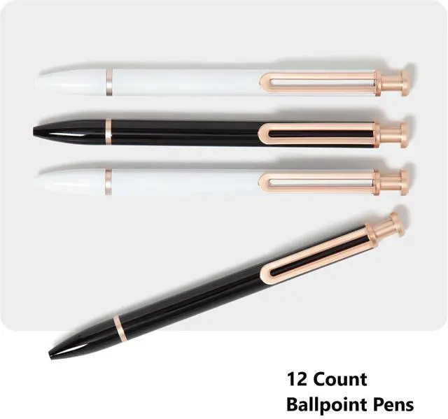 Alt view image 2 of 6 - Monterey Ballpoint Pens, 12 Pack, Retractable, Black and White | Six black and six white metal barrels with rose gold clips, and a weighted 1.0 mm bold point that writes in black ink