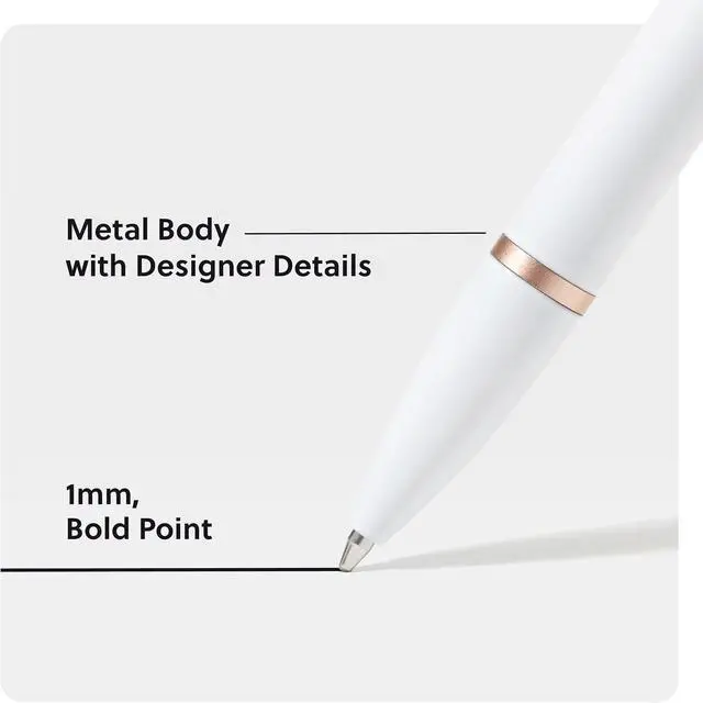 Alt view image 3 of 6 - Monterey Ballpoint Pens, 12 Pack, Retractable, Black and White | Six black and six white metal barrels with rose gold clips, and a weighted 1.0 mm bold point that writes in black ink