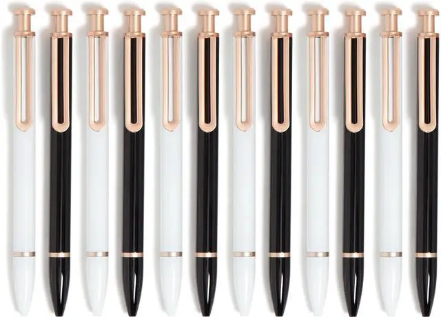 Main image of Monterey Ballpoint Pens, 12 Pack, Retractable, Black and White | Six black and six white metal barrels with rose gold clips, and a weighted 1.0 mm bold point that writes in black ink