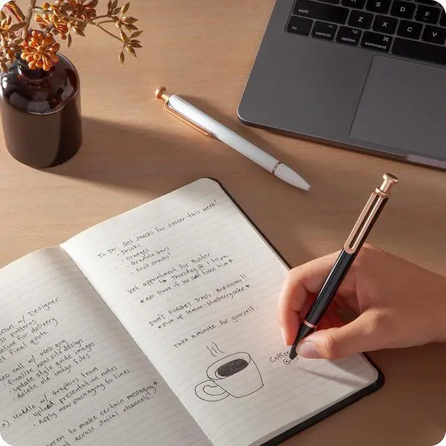 Alt view image 5 of 6 - Monterey Ballpoint Pens, 12 Pack, Retractable, Black and White | Six black and six white metal barrels with rose gold clips, and a weighted 1.0 mm bold point that writes in black ink