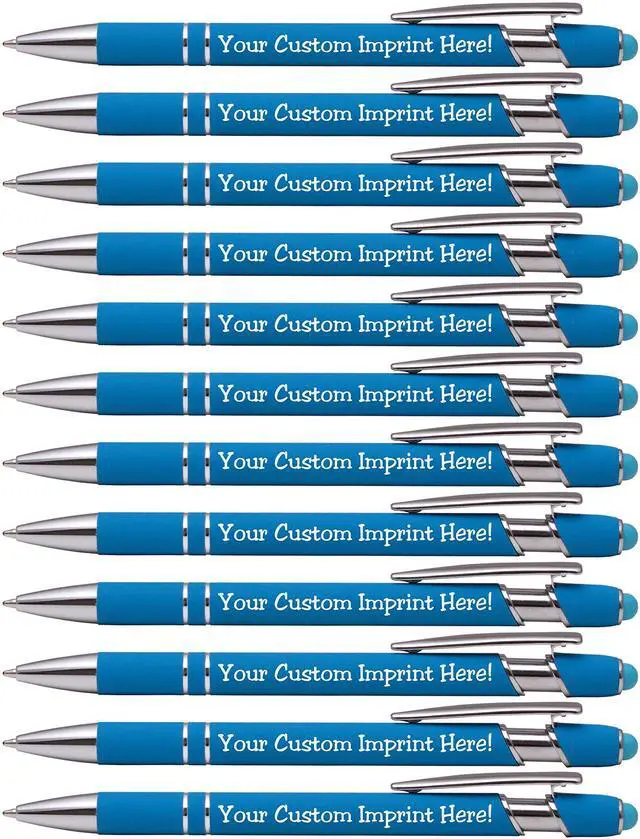 Main image of ExpressDesigns - Premium Custom Pens with Stylus | Burst of Color | Personalized Soft Touch Metal Printed Name Pens w/Black Ink - Imprinted w/Logo or Message - 12 pcs/pack (Light Blue)