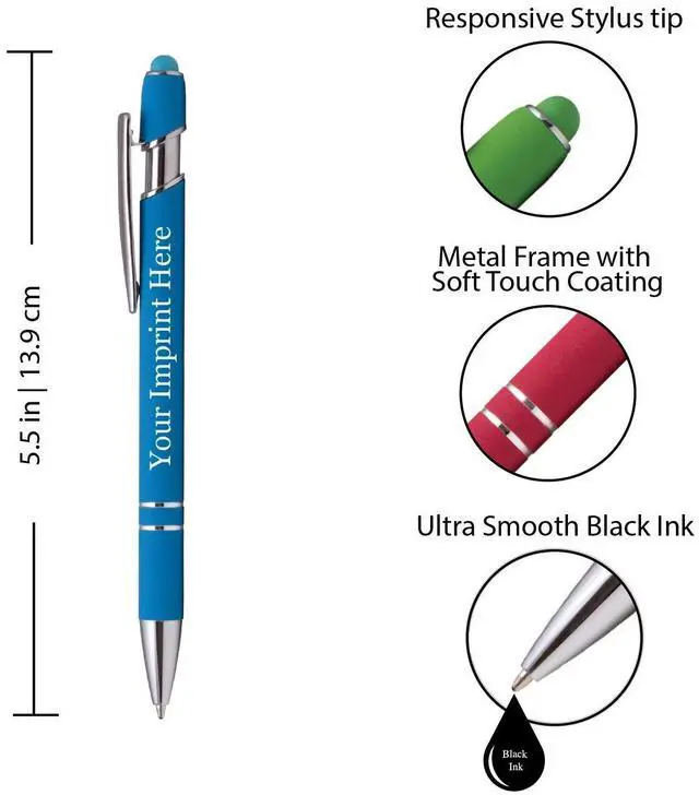 Alt view image 2 of 7 - ExpressDesigns - Premium Custom Pens with Stylus | Burst of Color | Personalized Soft Touch Metal Printed Name Pens w/Black Ink - Imprinted w/Logo or Message - 12 pcs/pack (Light Blue)