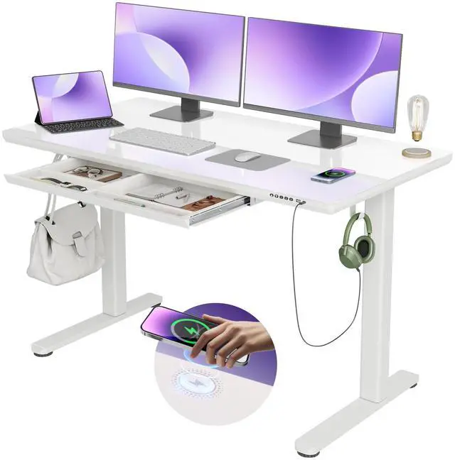 Main image of Wireless Charging Glass Standing Desk with Drawers 55×24 Inch | Tempered One-Piece Glass Top, Ergonomic, Smooth Height Adjustment, 3 Memory Presets, Super White