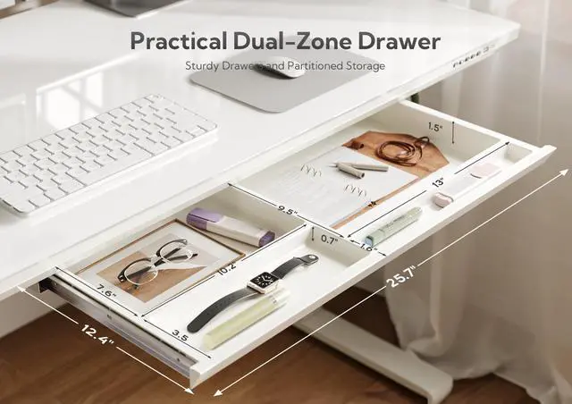 Alt view image 3 of 7 - Wireless Charging Glass Standing Desk with Drawers 48×24 Inch | Tempered One-Piece Glass Top, Ergonomic, Smooth Height Adjustment, 3 Memory Presets, Super White