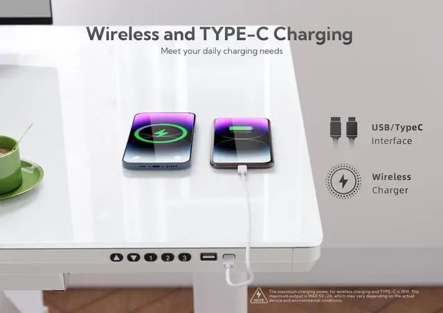 Alt view image 4 of 7 - Wireless Charging Glass Standing Desk with Drawers 48×24 Inch | Tempered One-Piece Glass Top, Ergonomic, Smooth Height Adjustment, 3 Memory Presets, Super White