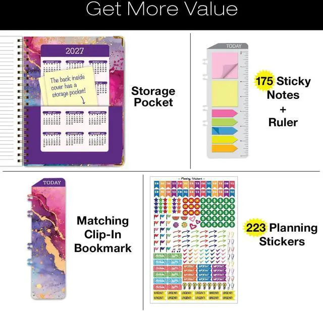 Alt view image 4 of 7 - HARDCOVER Academic Year 2026-2027 Planner: 14 Months (May 2026 - June 2027) 8.5"x11" Daily Weekly Monthly Planner Yearly Agenda, Bookmark, Pocket Folder and Sticky Note Set