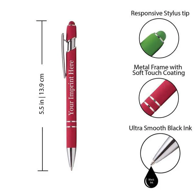 Alt view image 2 of 7 - ExpressDesigns - Premium Custom Pens with Stylus | Burst of Color | Personalized Soft-Touch Metal Printed Name Pens w/Black Ink - Imprinted w/Logo or Message - 12 pcs/pack (Red)