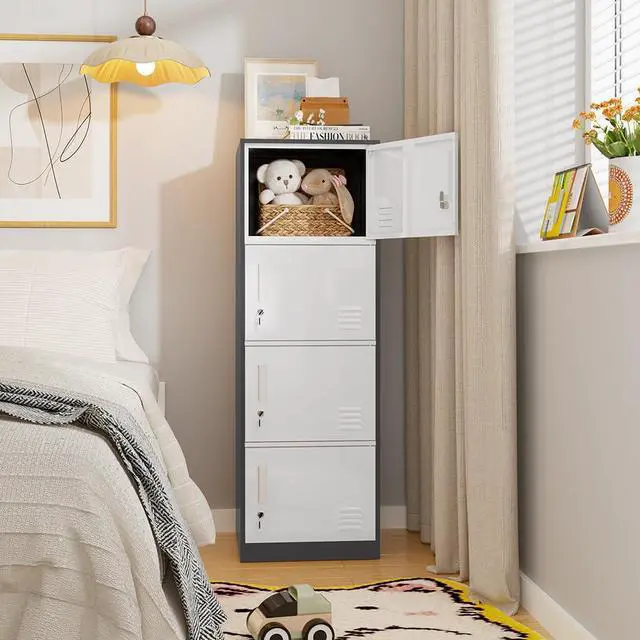 Alt view image 2 of 7 - 4 Door Metal Vertical Storage Locker for Kids Bedroom, Children Room, School, Office, Home,Stackable Steel Storage Cabinet for Sports Equipment,Anti-Tilting Device (Gray)