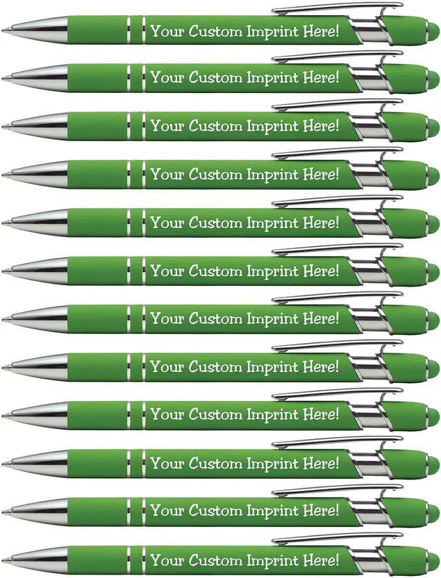 Main image of ExpressDesigns - Premium Custom Pens with Stylus | Burst of Color | Personalized Soft Touch Metal Printed Name Pens w/Black Ink - Imprinted w/Logo or Message - 12 pcs/pack (Green)