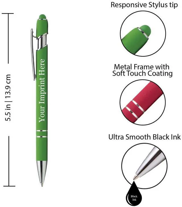Alt view image 2 of 7 - ExpressDesigns - Premium Custom Pens with Stylus | Burst of Color | Personalized Soft Touch Metal Printed Name Pens w/Black Ink - Imprinted w/Logo or Message - 12 pcs/pack (Green)