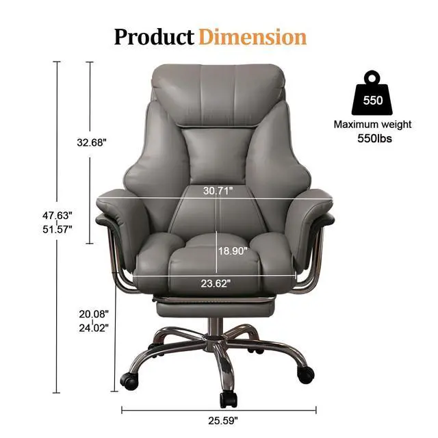 Alt view image 2 of 6 - Big and Tall Office Chair 550 lbs Extra Wide Leather Executive Chair with Retractable Footrest, Heavy-Duty Ergonomic Chair, Adjustable Height Computer Gaming Chairs