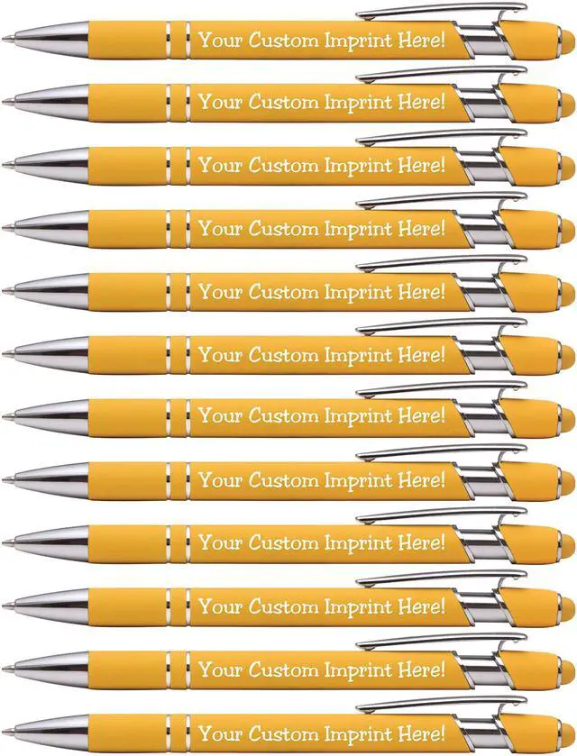 Main image of ExpressDesigns - Premium Custom Pens with Stylus | Burst of Color | Personalized Soft Touch Metal Printed Name Pens w/Black Ink - Imprinted w/Logo or Message - 12 pcs/pack (Yellow)