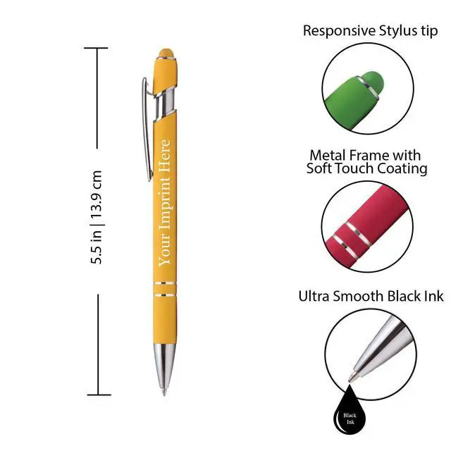 Alt view image 2 of 7 - ExpressDesigns - Premium Custom Pens with Stylus | Burst of Color | Personalized Soft Touch Metal Printed Name Pens w/Black Ink - Imprinted w/Logo or Message - 12 pcs/pack (Yellow)