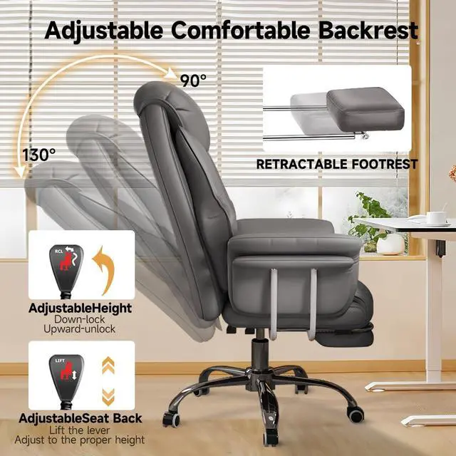 Alt view image 4 of 6 - Big and Tall Office Chair 550 lbs Extra Wide Leather Executive Chair with Retractable Footrest, Heavy-Duty Ergonomic Chair, Adjustable Height Computer Gaming Chairs