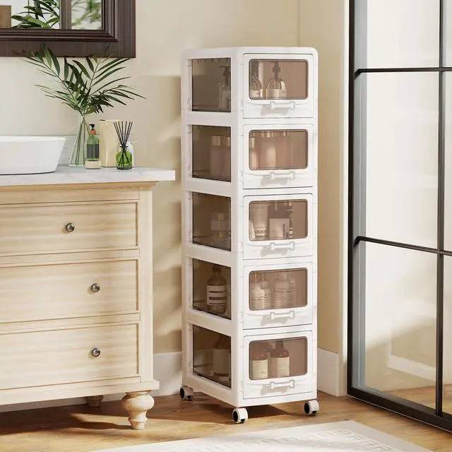 Alt view image 2 of 7 - 5-Tier Rolling Storage Cart, Utility Cart with 5 Drawers & Lockable Wheels for School Art Craft Supplies, Plastic Organizer and Storage for Kitchen, Bedroom and Home Office